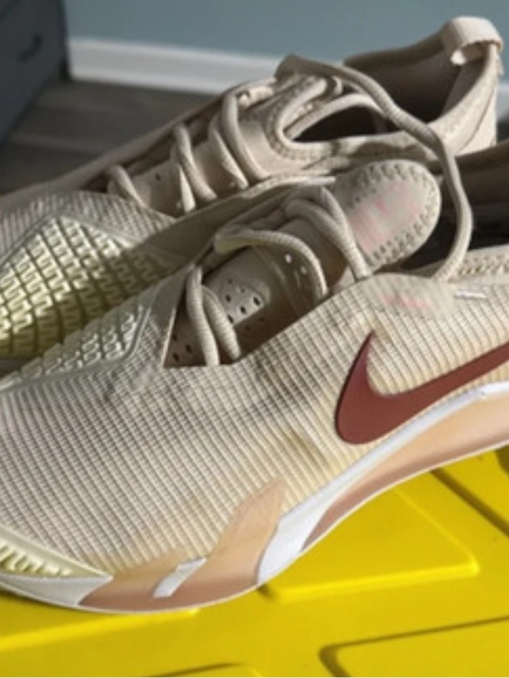 Nike Women's Beige Athletic Sneakers with Coral Swoosh